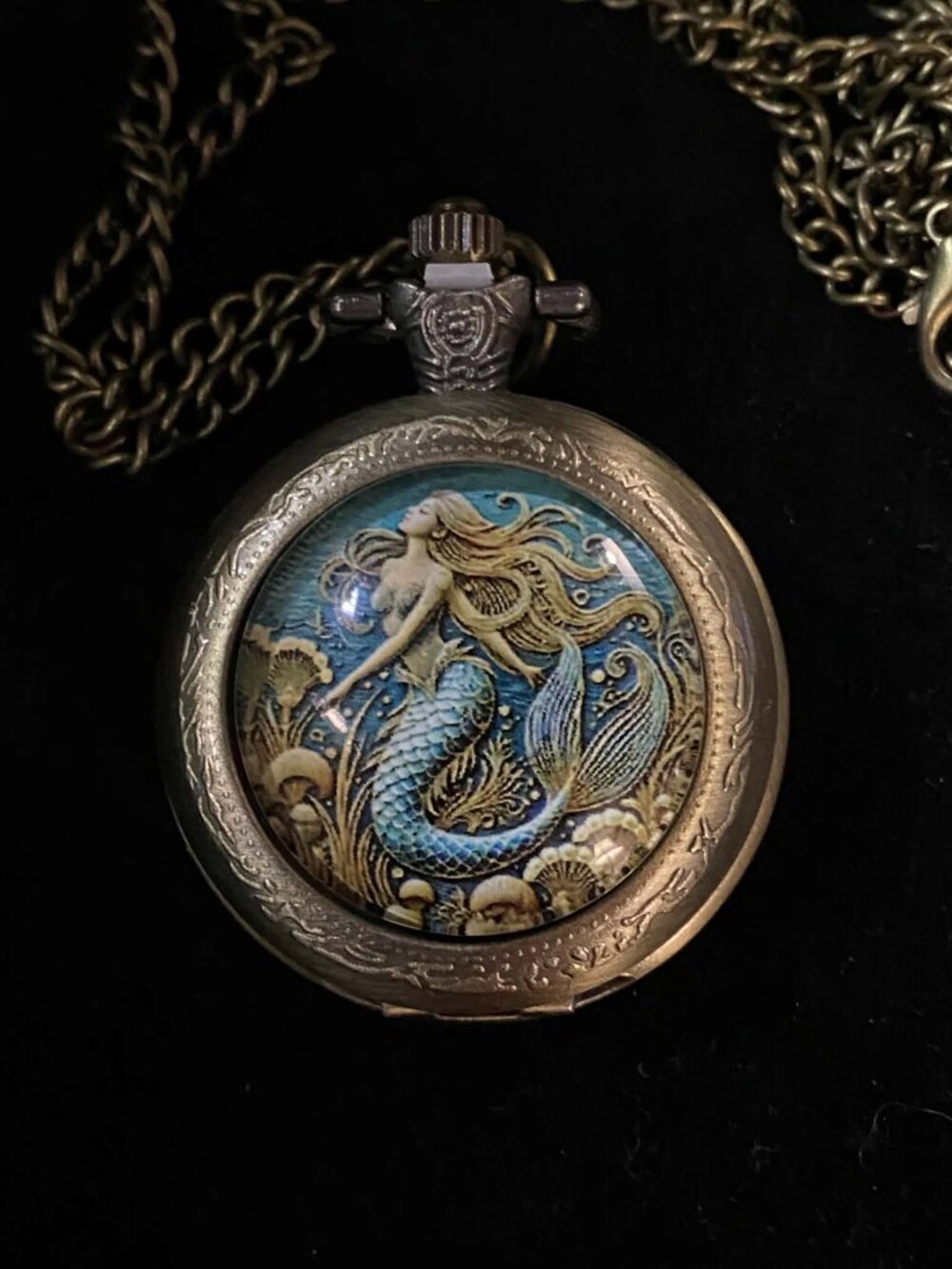 Vintage Style Bronze Blue Gold Mermaid Working Pocket Watch Necklace Gift New